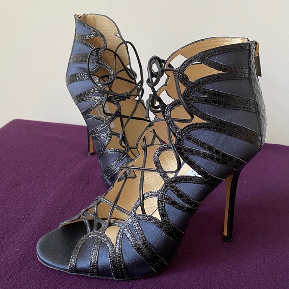 Jimmy Choo  Satin/Snakeskin  Navy  Lace up  sandals - Picture 3 of 8